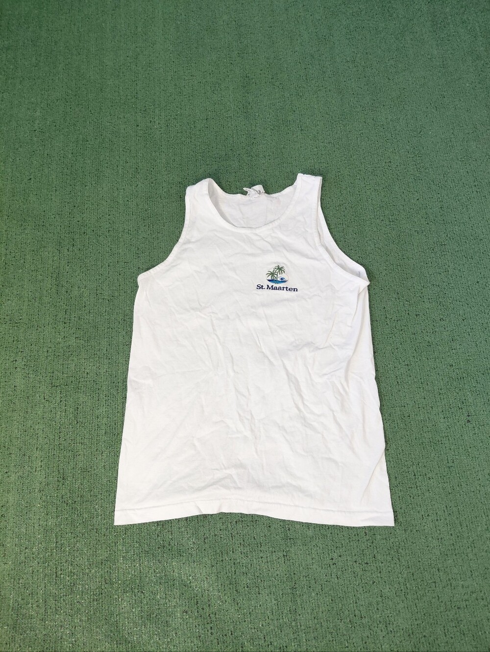 VINTAGE 2000 St. Marteen Embroidered Palm Trees Ocean Y2K White Tank Top Sz Medi